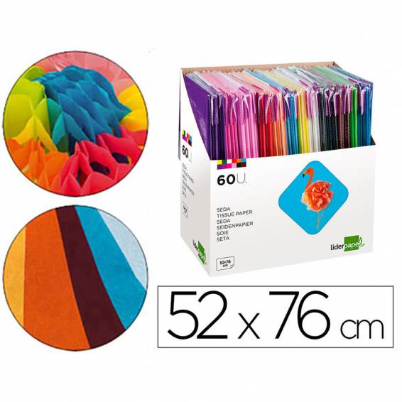 Papel seda liderpapel 52x76 cm expositor 60 bolsas de 5 hojas12 colores surtidos - SE03