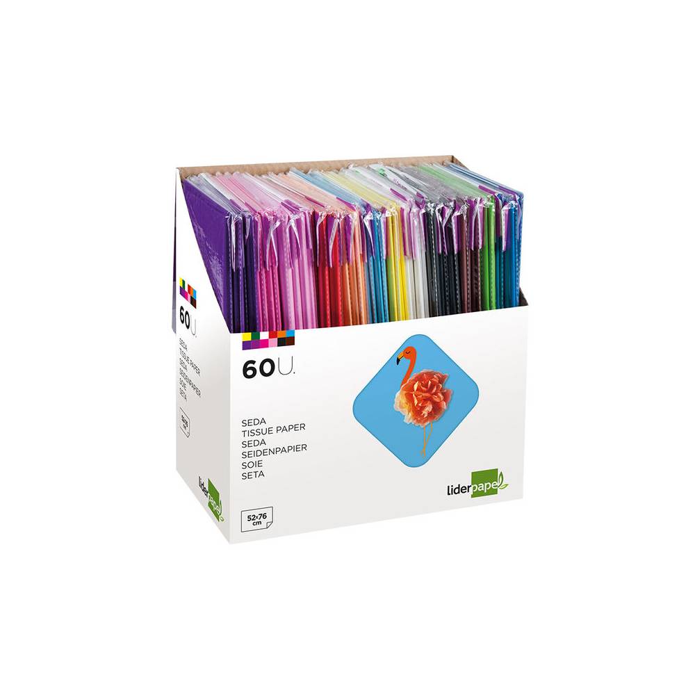 Papel seda liderpapel 52x76 cm expositor 60 bolsas de 5 hojas12 colores surtidos - SE03